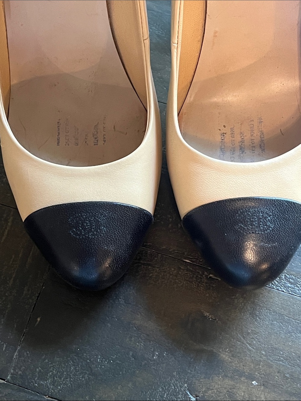CHANEL Beige Leather Pumps with Black Cap Toes - Picture 15 of 17